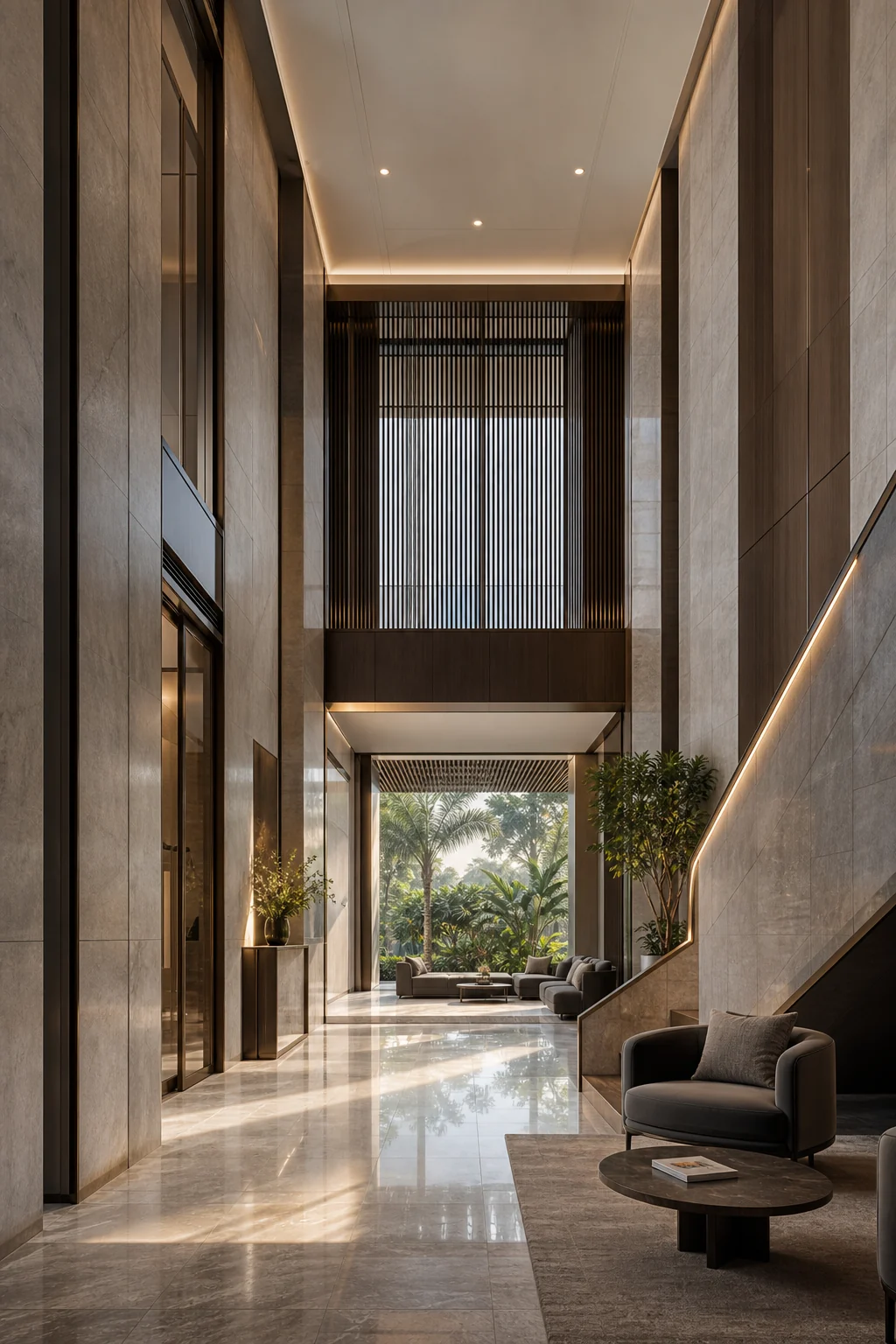 Double-height residential lobby in stone and warm timber