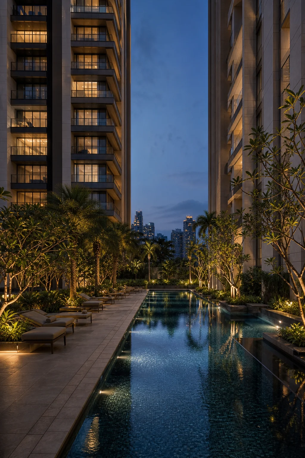 Landscaped residential courtyard and pool at dusk
