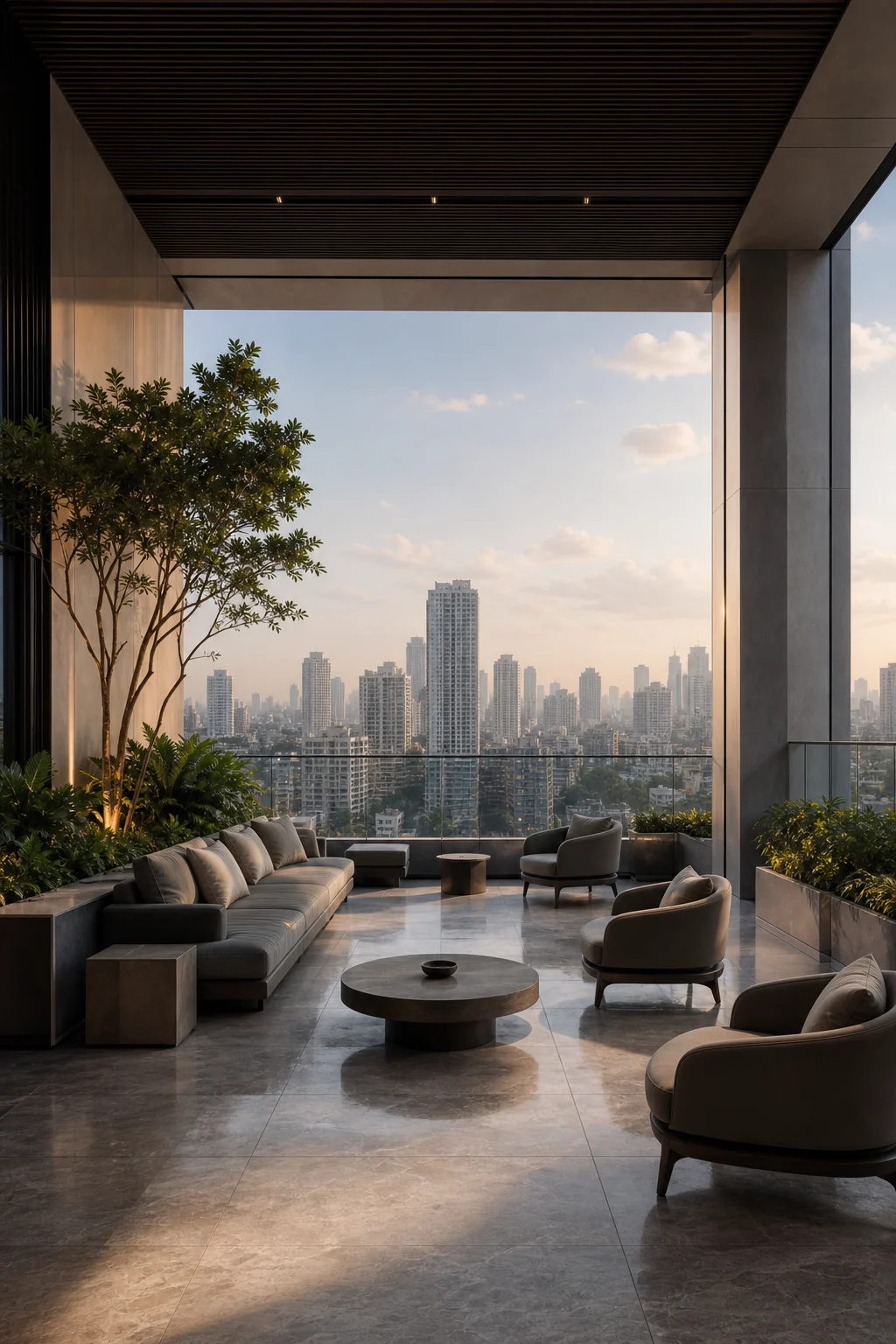 Residential sky terrace looking across the Mumbai skyline